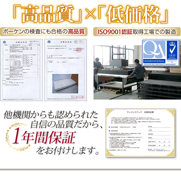 他機関からも認められた自信の品質だから、1年間保証をお付けします