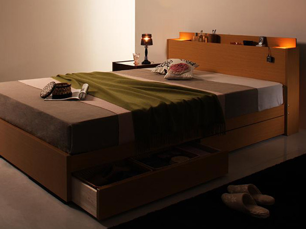 ほのかな2つの優しい灯り モダンライト・コンセント付き収納ベッド(シングルベッド)