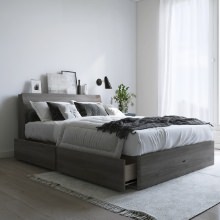 たっぷり収納 キャビネットヘッドボード 収納ベッド グレージュ (シングル)