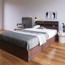 フランスベッド 照明・棚付きモダンデザイン 引出し収納ベッド ウォールナット (ダブル)