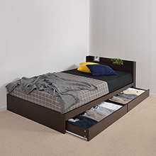 細部まで美しい ホテル品質 棚・コンセント付収納ベッド ダーク