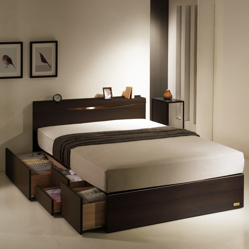 心地良い空間 フランスベッド製 照明・棚付 深型引出し収納ベッド (シングル)
