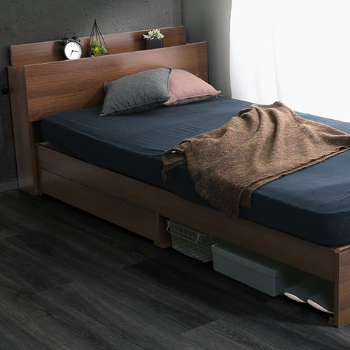 便利なコンセント付き 棚・収納付きヴィンテージチェストベッド