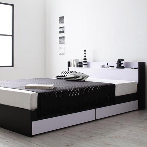 白と黒を愉しむ モノトーンモダンデザイン 棚・コンセント付き収納ベッド （シングル）