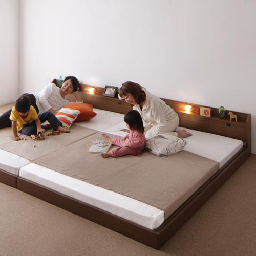 棚・コンセント・ライト付き大型モダンフロア連結ベッド Equale エクアーレ プレミアムポケットコイルマット付 クイーン(SS×2) オークホワイト ブラック 棚・コンセント・ライト付き大型モダンフロア連結ベッド ベッド