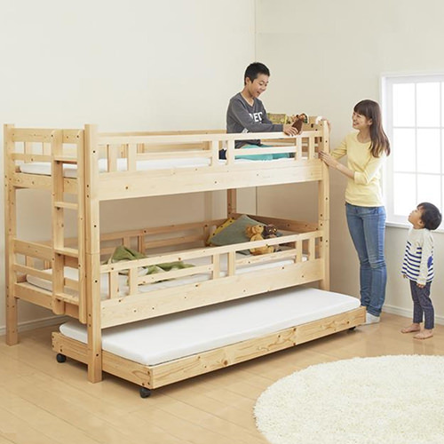家族全員満足のいく睡眠スペース タイプが選べる頑丈ロータイプ収納式3段ベッド