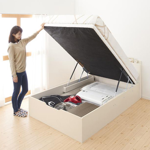 通気性の良い 棚コンセント付大容量跳ね上げベッド 縦開きタイプ (セミダブル)
