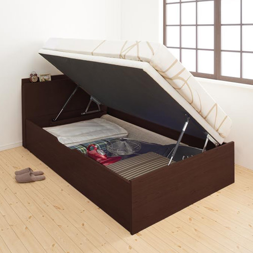 通気性の良い 棚コンセント付大容量跳ね上げベッド 横開きタイプ (セミシングル)