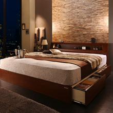 贅沢空間 高級ウォルナット材ワイドサイズ収納ベッド ライトタイプ 