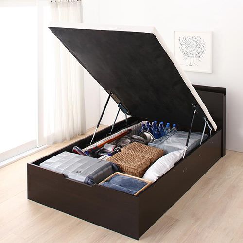 お客様組立 通気性抜群 すのこ構造 棚コンセント付 跳ね上げベッド スタンダードポケットコイルマットレス付き セミダブル 深さラージ お客様組立 通気性抜群 すのこ構造 棚コンセント付 跳ね上げベッド