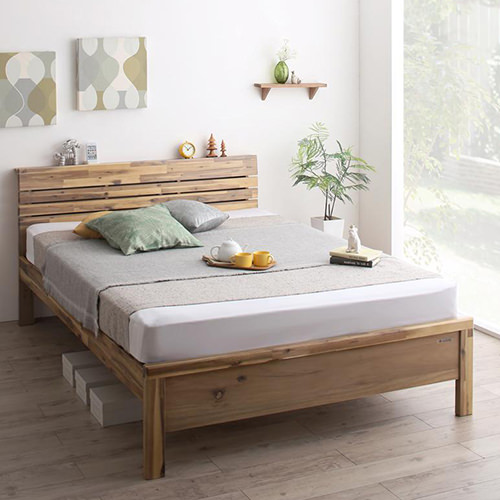 アカシア天然木使用 高さ調節可能・棚・コンセント付デザインベッド (シングル)