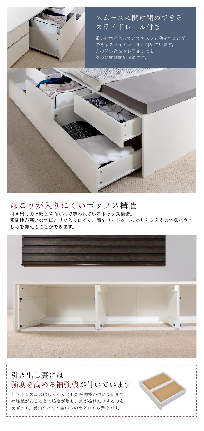 収納力抜群の高品質が特徴 本棚付チェストベッド ホワイト