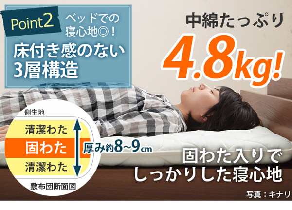 マットレスより取り扱い簡単なベッド専用 国産3層敷布団