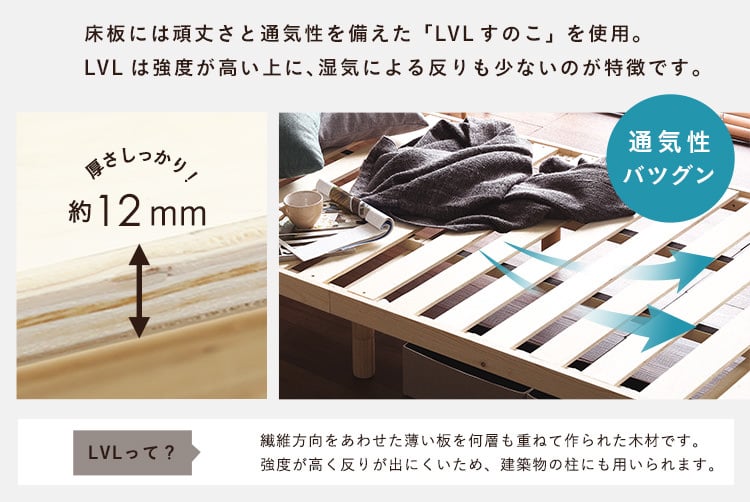 3段階高さ調節可能 北欧パイン材使用 脚付きすのこベッドダブルの