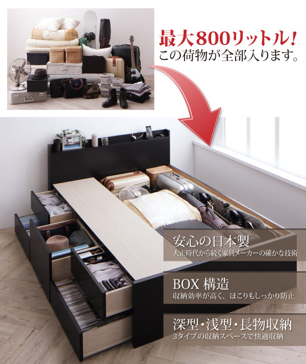 お部屋を広く有効活用 棚・コンセント付き_大容量チェストベッド