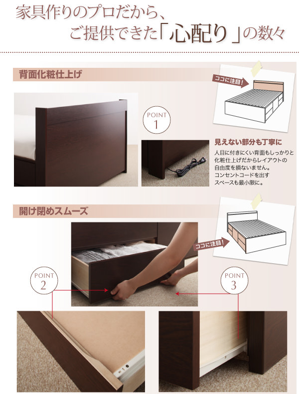 安心品質 日本製 棚・コンセント付き大容量すのこチェストベッド