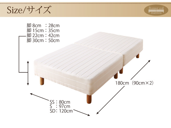 分割式コンパクトショート丈 ボンネルコイル脚付マットレスベッド