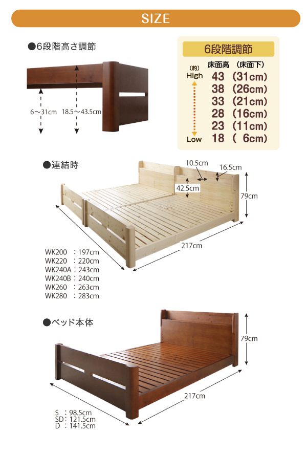 ローからハイまで 高さ調節できる頑丈すのこファミリーベッド (連結