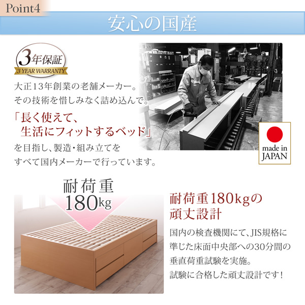 大容量収納 国産清潔すのこ ヘッドレスチェストベッド (シングル)の