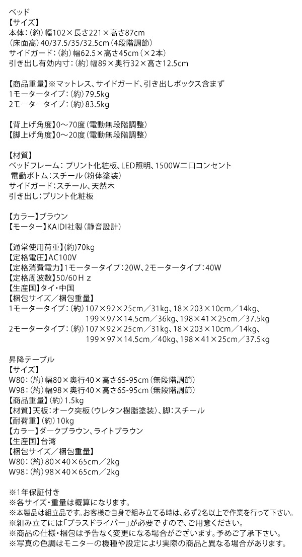 棚・照明・コンセント・引出し収納付き電動ベッド 2モーター (シングル