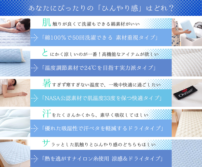 あなたにぴったりのひんやり感はどれ？
肌触りが良くて洗濯もできる綿素材がいいなら、綿100％で50回洗濯できる 素材重視タイプ。
とにかく涼しいのが一番！高機能なアイテムが欲しいなら、温度調節素材で24℃を目指す実力派タイプ。
暑すぎず寒すぎない温度で、一晩中快適に過ごしたいなら、NASA公認素材で肌温度33度を保つ快適タイプ。
汗をたくさんかくから、素早く吸収してほしいなら、優れた吸湿性で汗ベタを軽減するドライタイプ。
サラッとした肌触りとひんやり感のどちらもほしいなら、熱を逃がすナイロン糸使用 涼感＆ドライタイプ。